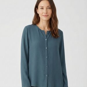 Eileen Fisher Teal Button-Down Shirt 100 Percent Silk